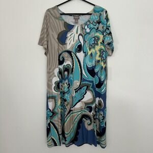 Chicos Dress Womens 3 Large Blue Multi Paisley Scoop Neck Short Sleeve Stretch
